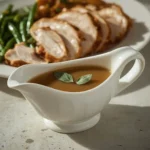 Turkey gravy from stock in a gravy boat topped with a sage leaf