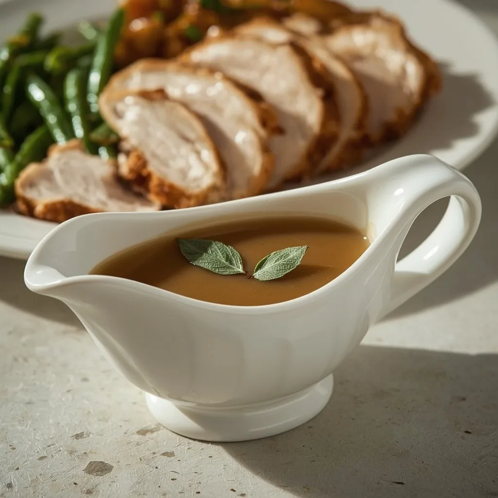Turkey gravy from stock in a gravy boat topped with a sage leaf