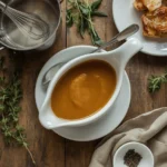 Turkey Gravy Without Drippings in a white gravy boat with fresh thyme and sage