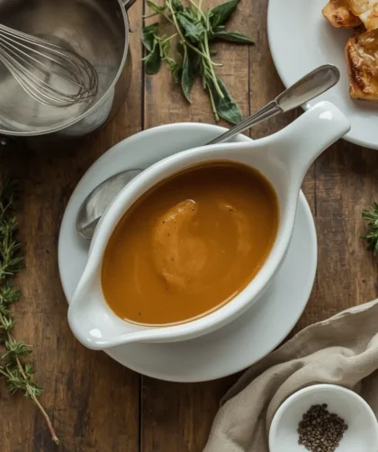 Turkey Gravy Without Drippings in a white gravy boat with fresh thyme and sage