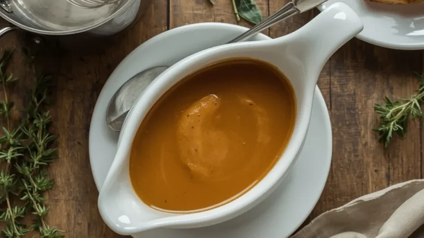 Turkey Gravy Without Drippings in a white gravy boat with fresh thyme and sage