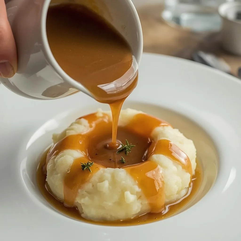 Turkey gravy without drippings poured over creamy mashed potatoes