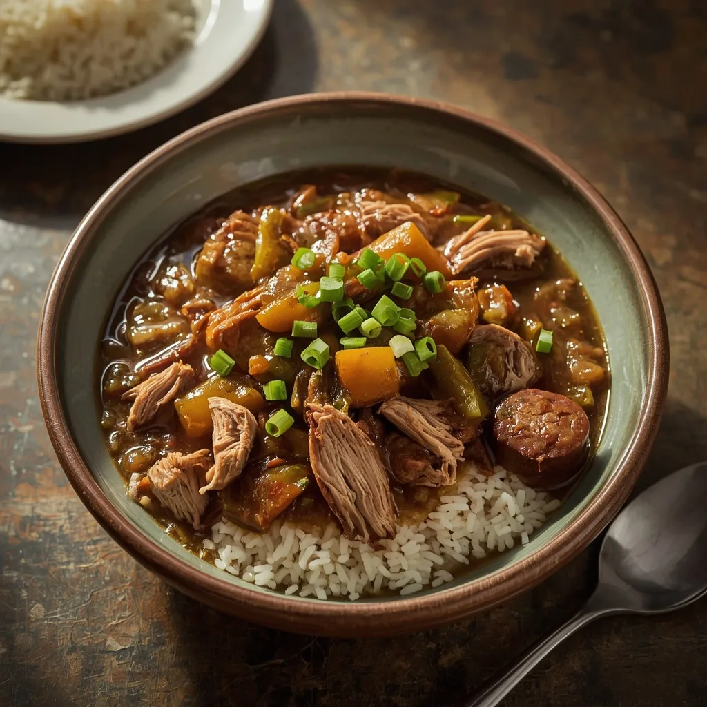 Turkey gumbo with chicken sausage and okra over rice