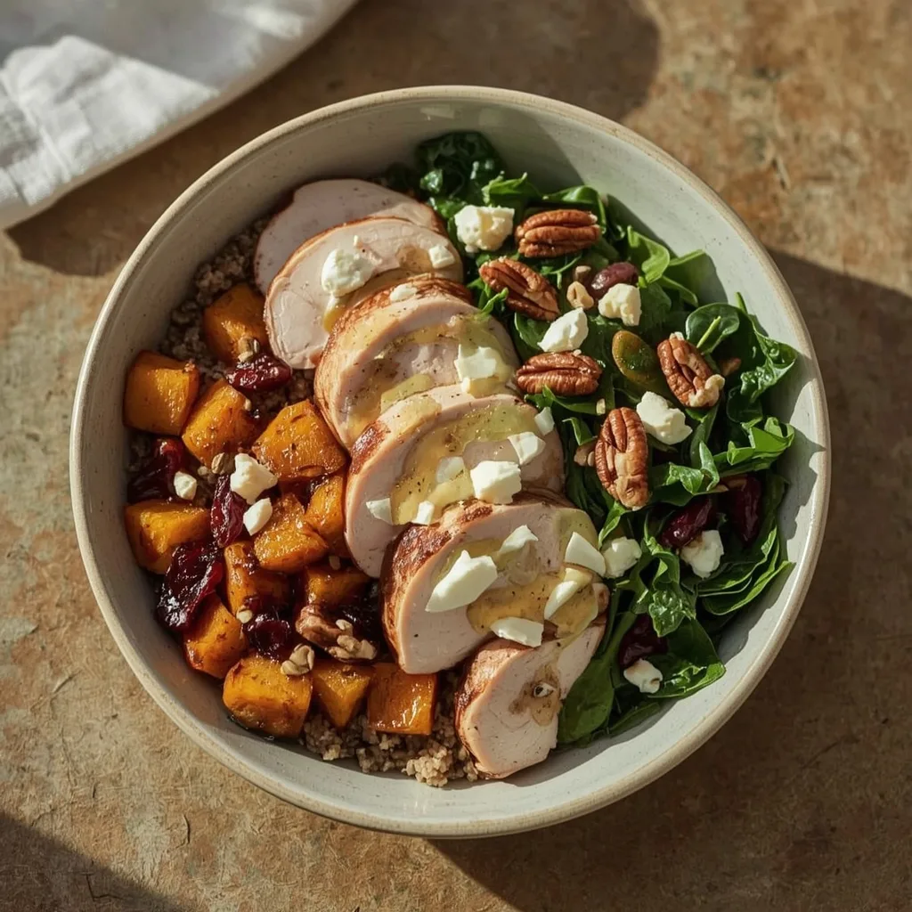 Turkey quinoa grain bowl with roasted squash, kale, cranberries and goat cheese