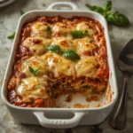 Turkey lasagna in a baking dish with golden melted cheese and one piece removed showing layers