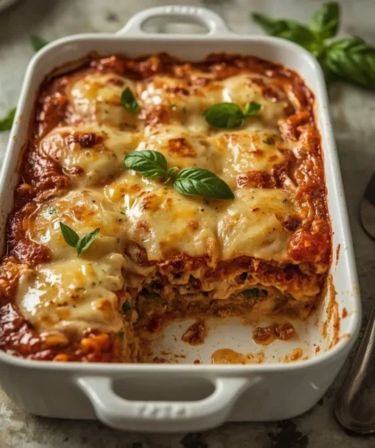 Turkey lasagna in a baking dish with golden melted cheese and one piece removed showing layers