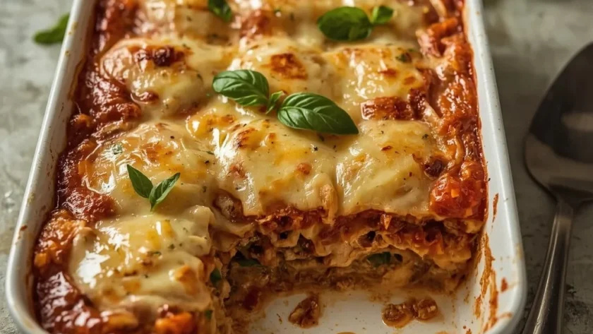Turkey lasagna in a baking dish with golden melted cheese and one piece removed showing layers