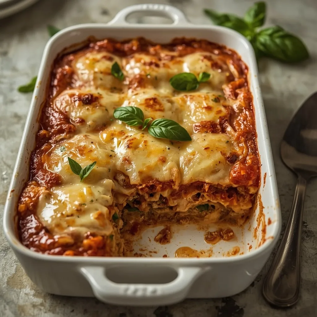 Turkey lasagna in a baking dish with golden melted cheese and one piece removed showing layers