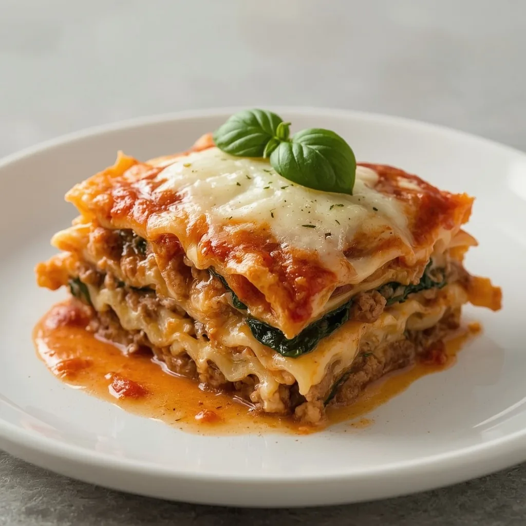 Slice of turkey lasagna showing layers of pasta, turkey sauce, ricotta and melted mozzarella
