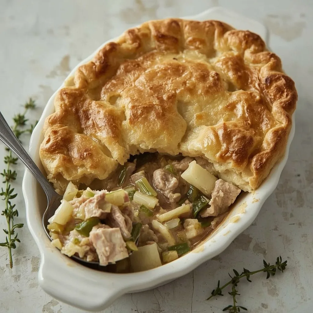 Turkey and leek pie with a puffed golden puff pastry lid