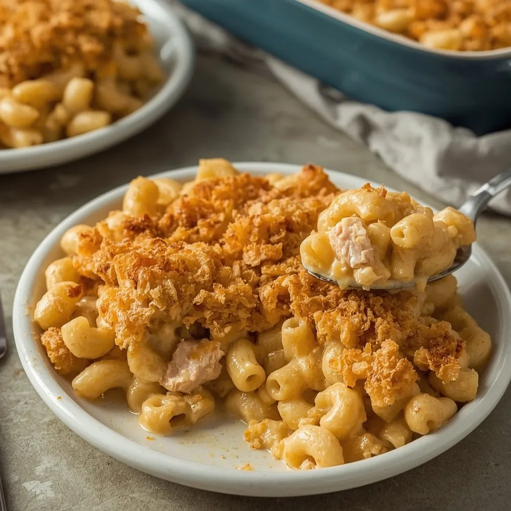 Baked turkey mac and cheese casserole with a crunchy panko topping