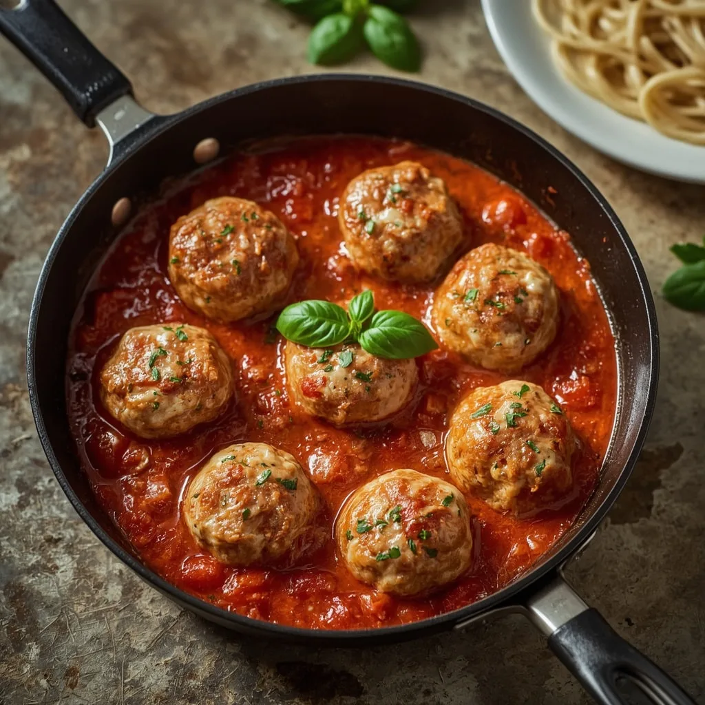 Turkey meatballs in marinara with mozzarella and basil