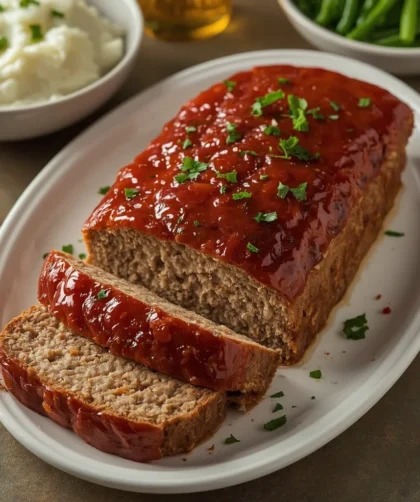 Glazed turkey meatloaf on a platter with two slices cut, mashed potatoes and green beans beside it