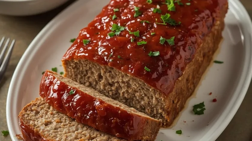 Glazed turkey meatloaf on a platter with two slices cut, mashed potatoes and green beans beside it