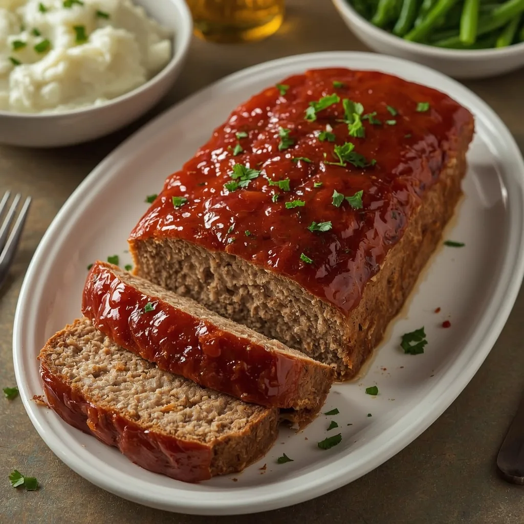 Glazed turkey meatloaf on a platter with two slices cut, mashed potatoes and green beans beside it