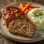 Slice of glazed turkey meatloaf plated with mashed potatoes and carrots