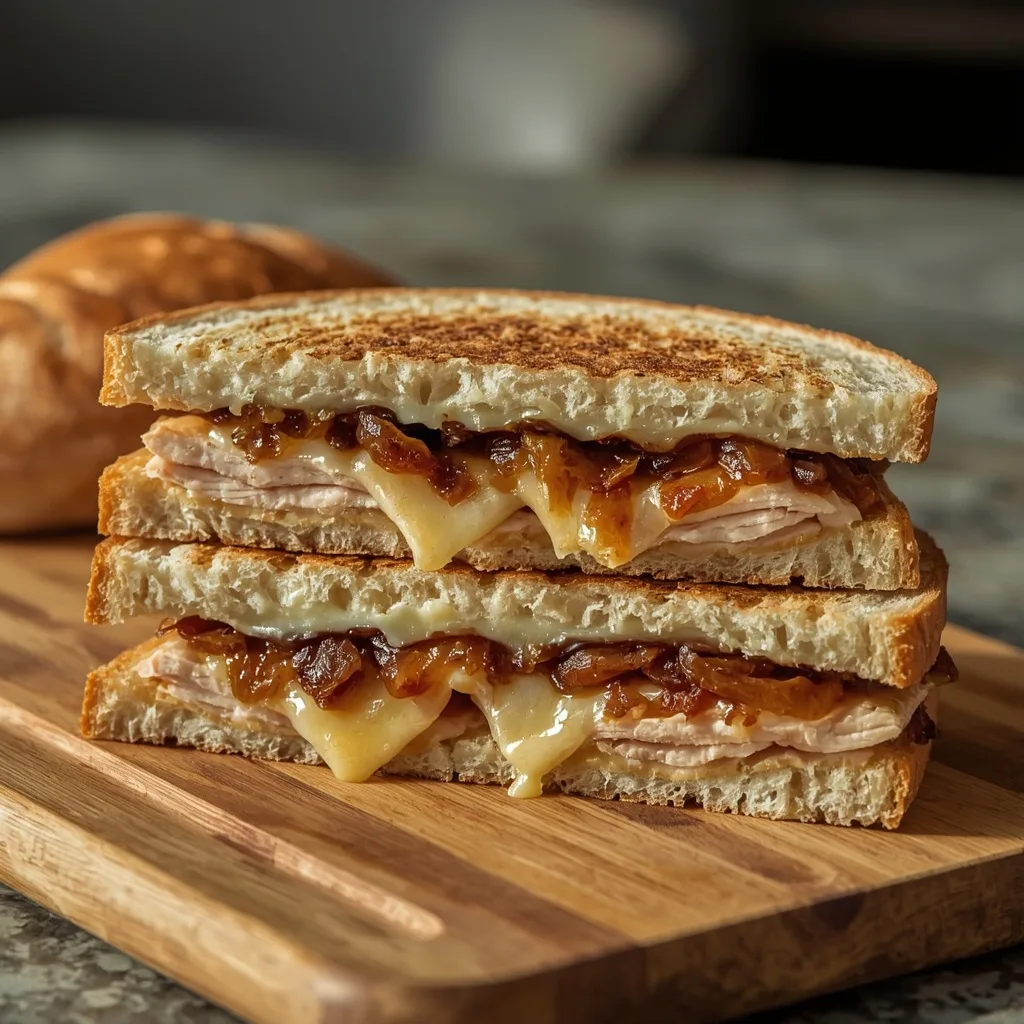 Turkey melt with caramelized onions and melted cheese on sourdough