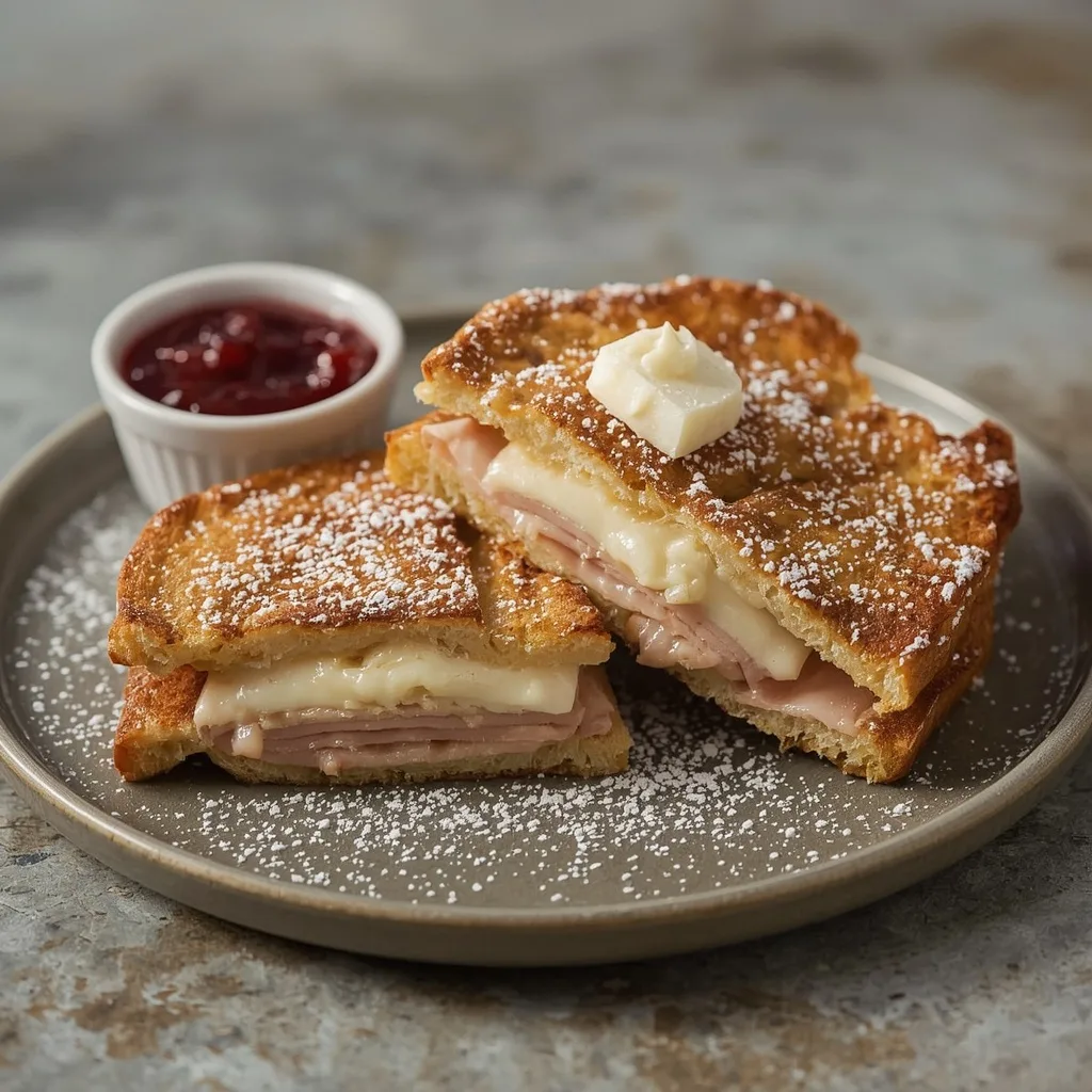 Turkey Monte Cristo dusted with powdered sugar with raspberry jam
