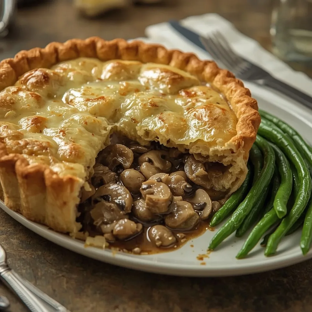 Turkey and mushroom pie with cheddar shortcrust and a slice removed