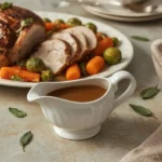 Turkey Neck Gravy in a gravy boat beside sliced roast turkey and roasted vegetables