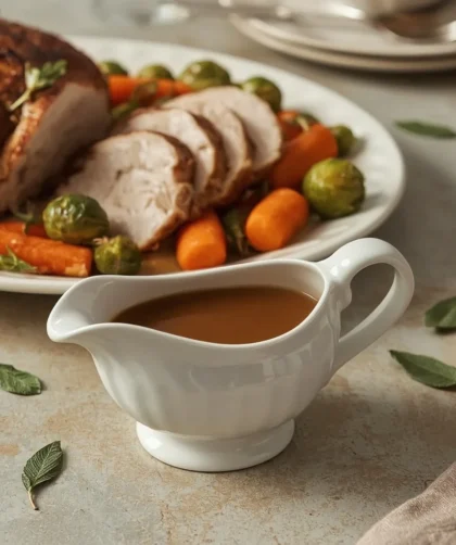 Turkey Neck Gravy in a gravy boat beside sliced roast turkey and roasted vegetables