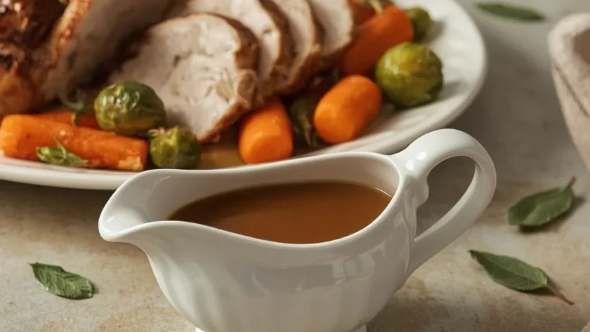 Turkey Neck Gravy in a gravy boat beside sliced roast turkey and roasted vegetables