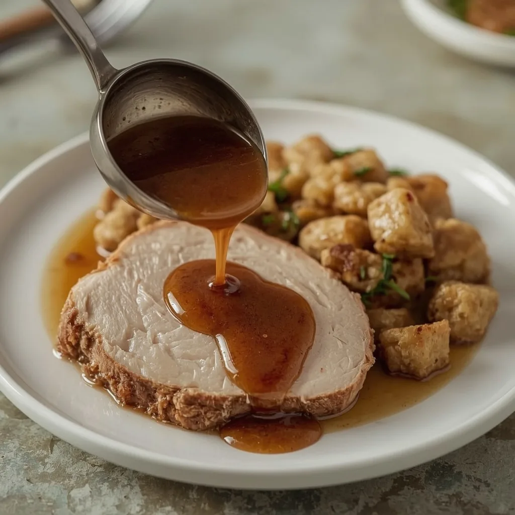 Turkey neck gravy ladled over sliced roast turkey and stuffing