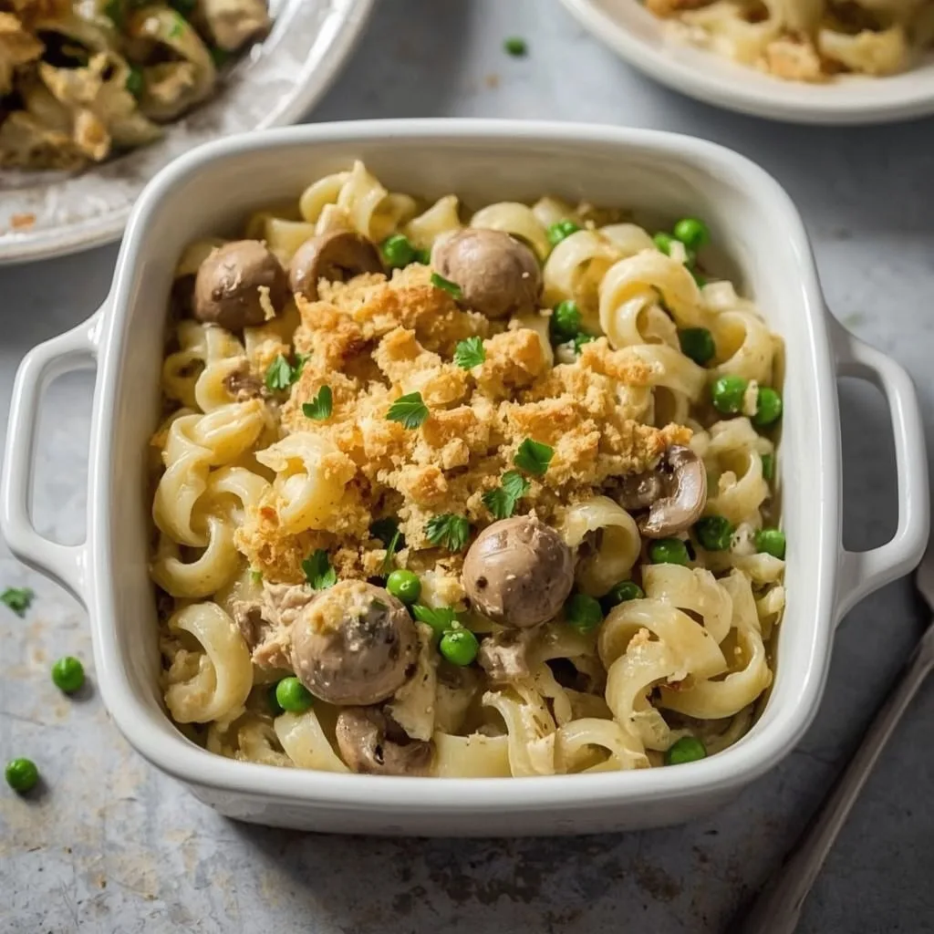 Creamy turkey noodle casserole with peas and a buttery cracker crumb topping