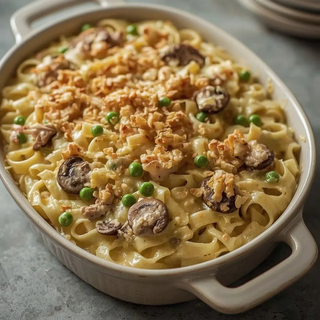 Turkey noodle casserole with a golden cracker topping