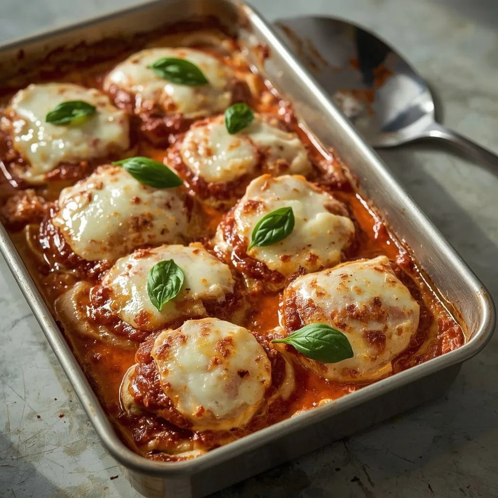 Turkey Parmesan bake with marinara, melted mozzarella and fresh basil