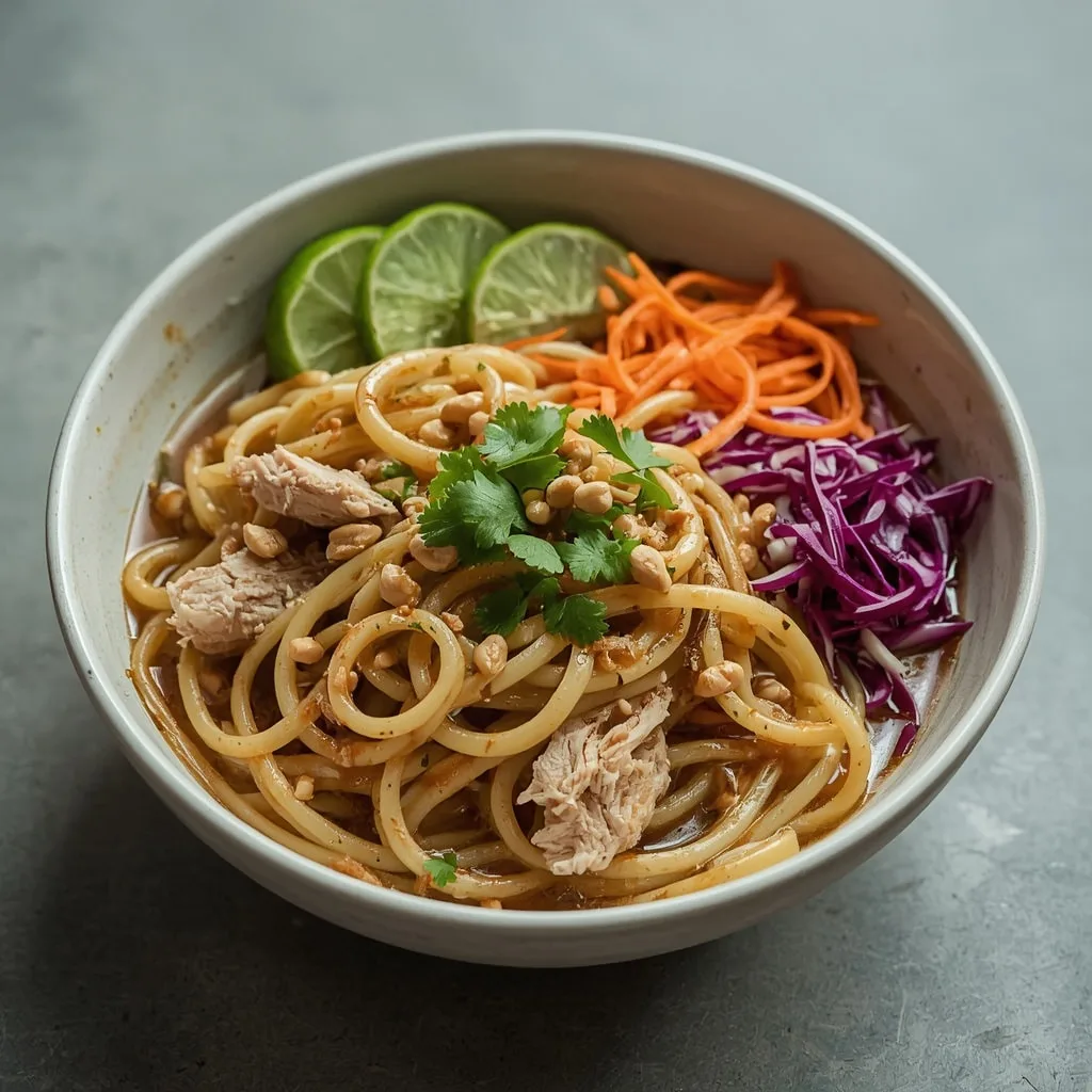 Turkey peanut noodles with cucumber, carrots, peanuts and cilantro