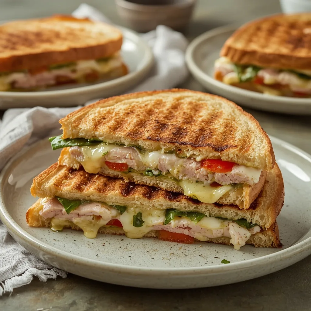 Turkey pesto panini with mozzarella and roasted peppers