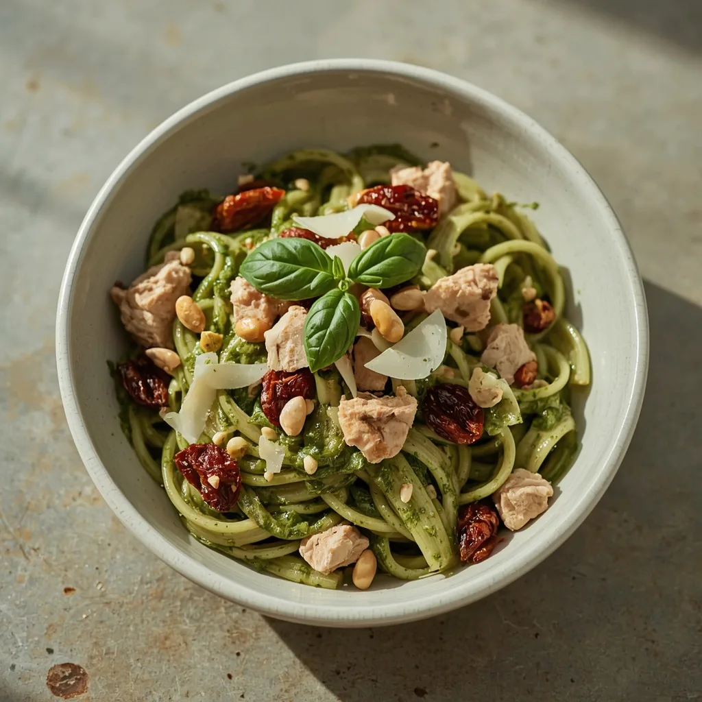 Turkey pesto penne with sun-dried tomatoes and pine nuts