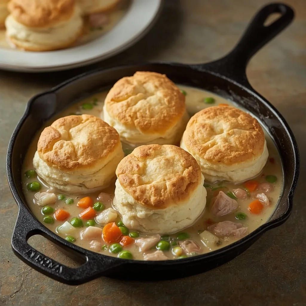 Turkey pot pie casserole with golden biscuit topping