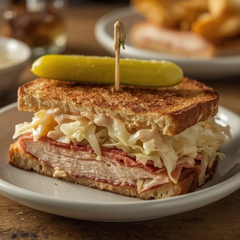 Grilled turkey Reuben on rye with sauerkraut and melted Swiss