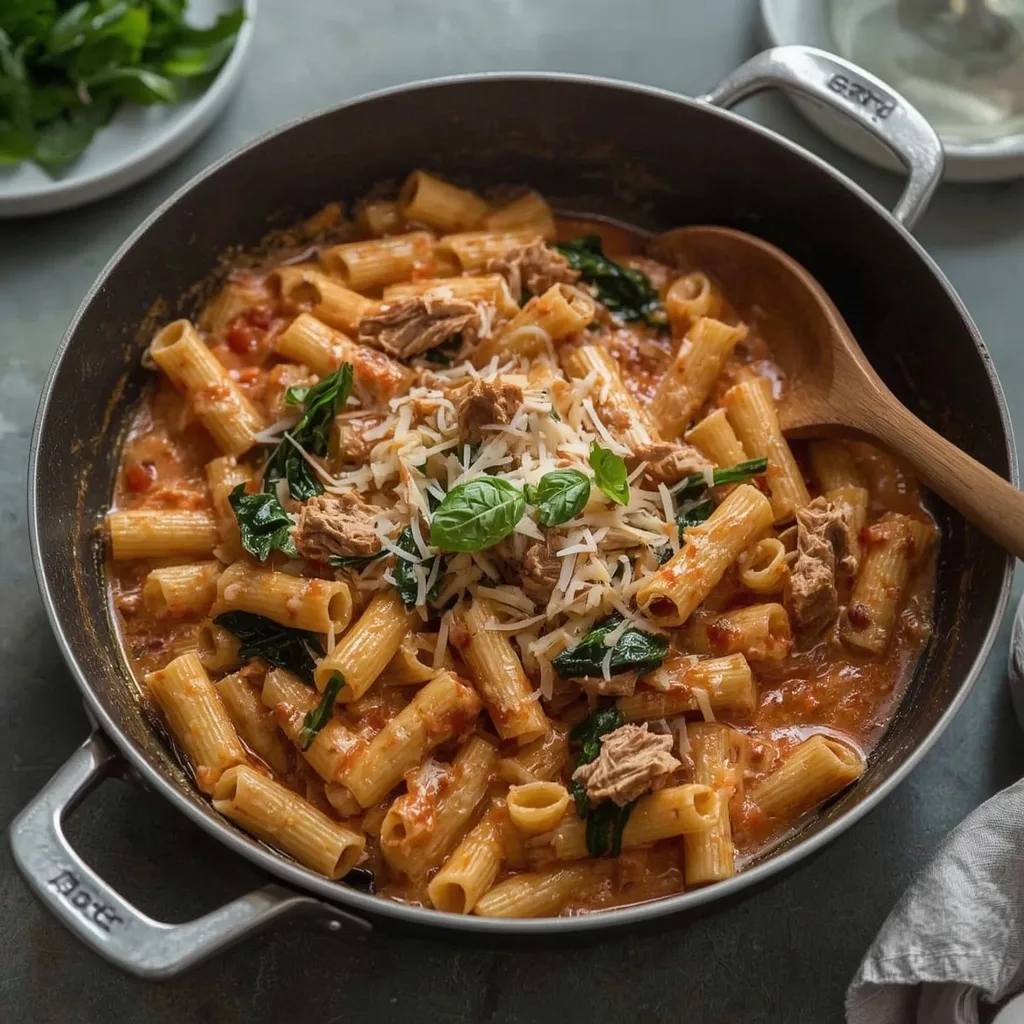 Turkey rigatoni in tomato cream sauce with spinach and Parmesan