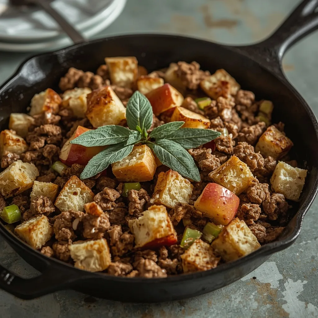 Turkey sausage and apple stuffing in a cast-iron skillet