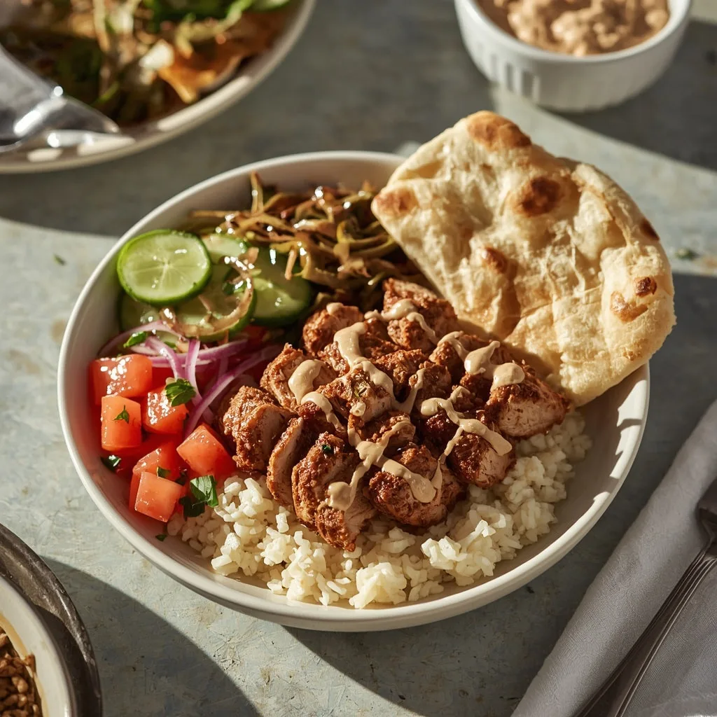Turkey shawarma bowl with rice, salad, hummus and tahini