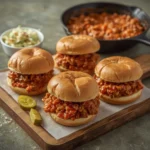Turkey sloppy joes on toasted buns with pickles and coleslaw on a wooden board