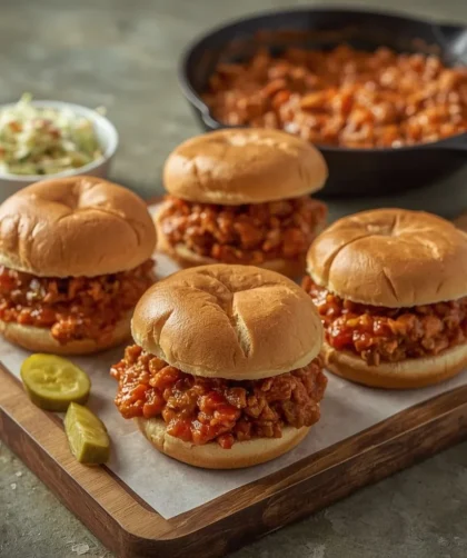 Turkey sloppy joes on toasted buns with pickles and coleslaw on a wooden board