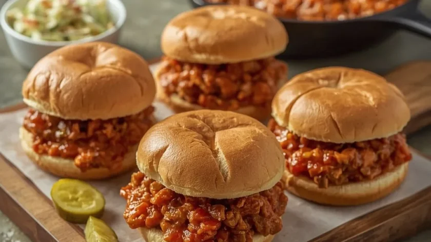 Turkey sloppy joes on toasted buns with pickles and coleslaw on a wooden board