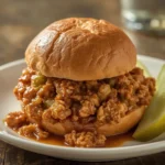 Saucy turkey sloppy joe on a toasted bun with filling spilling out and a pickle spear
