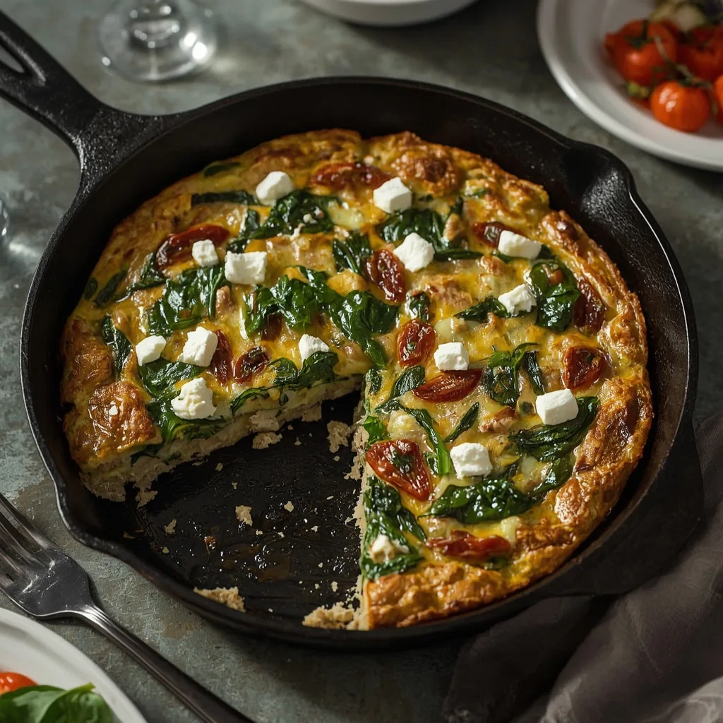 Turkey spinach frittata with feta in a skillet