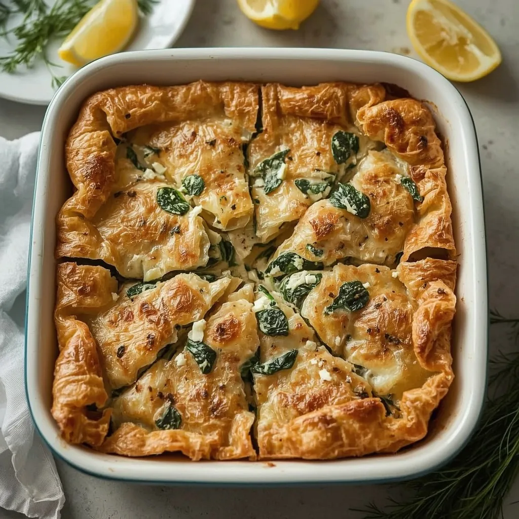 Greek-style turkey spinach and feta phyllo pie cut into squares