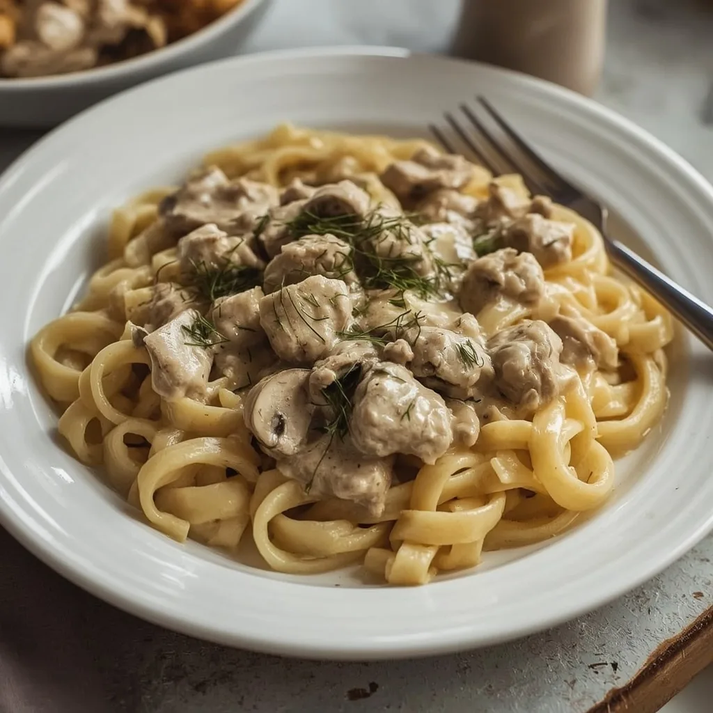 Turkey stroganoff with mushrooms over egg noodles