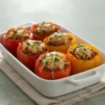 Turkey stuffed peppers with rice and melted cheese in a white baking dish