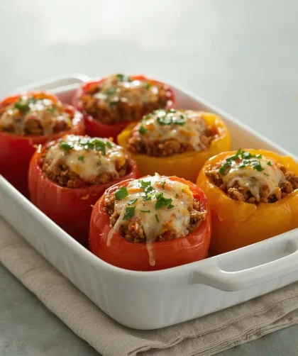 Turkey stuffed peppers with rice and melted cheese in a white baking dish