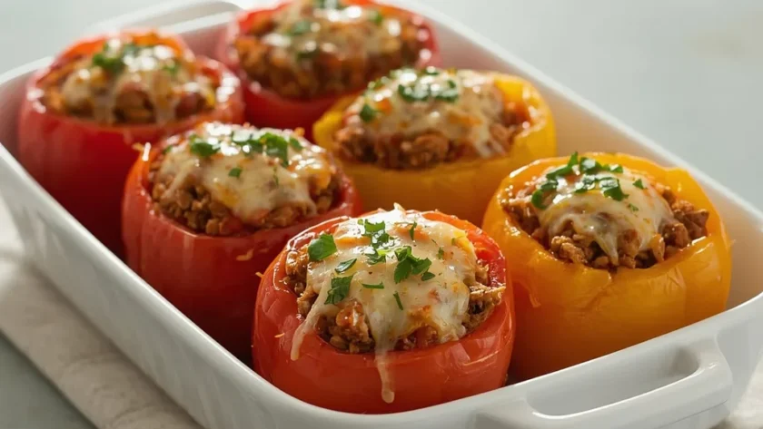 Turkey stuffed peppers with rice and melted cheese in a white baking dish