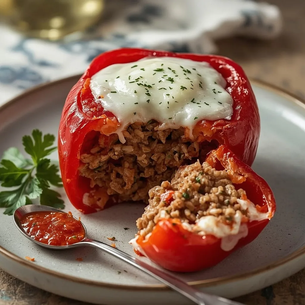 Turkey stuffed pepper cut open showing ground turkey and rice filling under melted cheese
