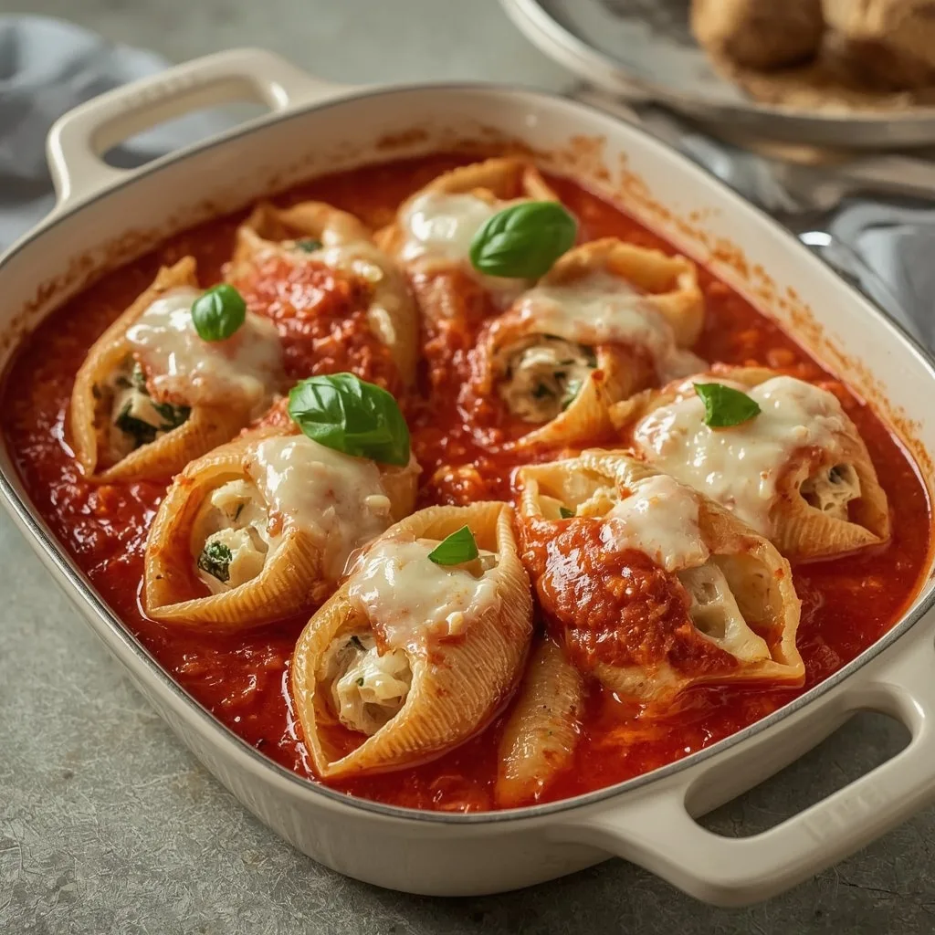 Turkey and ricotta stuffed shells in marinara with melted mozzarella